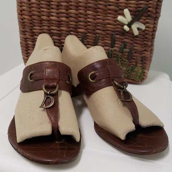 Christian Dior Brown Leather Cannage Block Heel Sandals Size 40
